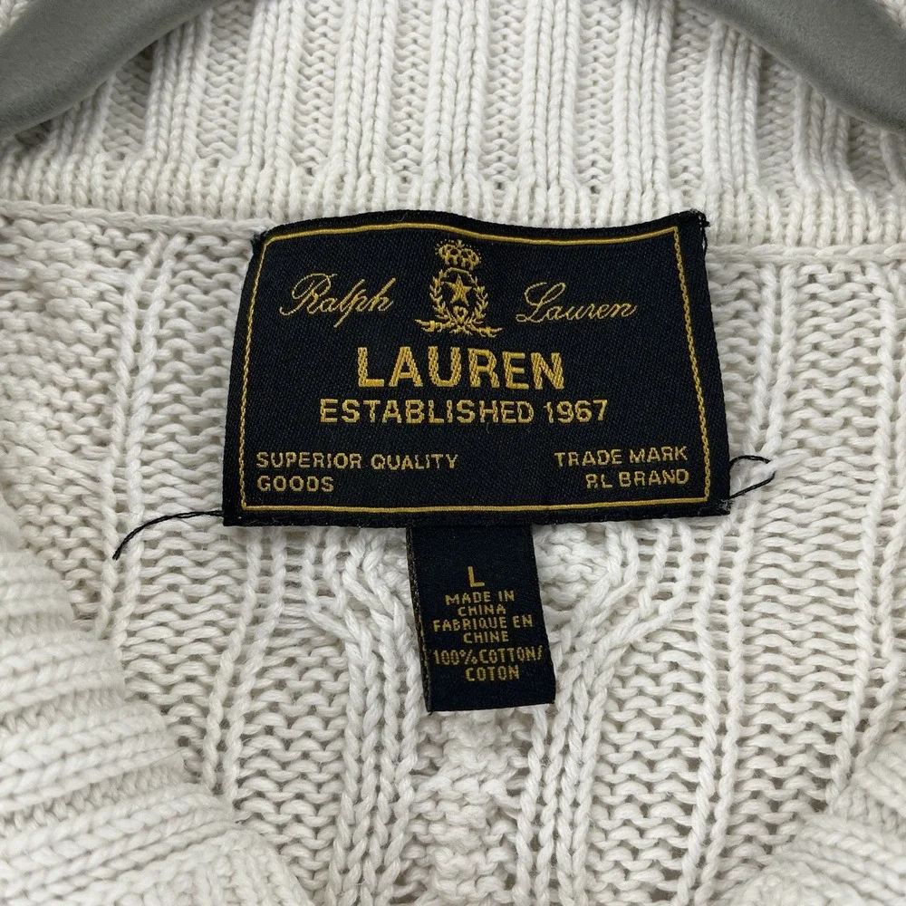 Ralph Lauren Women's Ivory Cable Knit Cotton Zip Sweater Cardigan Large Preppy